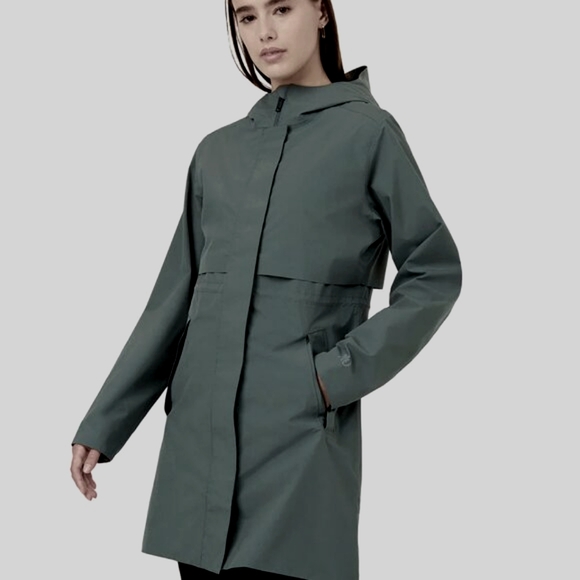 tentree Nimbus Longline Waterproof Hooded Rain Jacket in Urban Green -NWOT - Picture 1 of 8